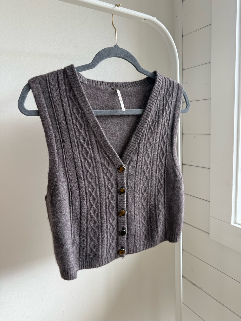 Free People Beatrice 100% Cashmere Cable Knit Button-Front Vest in Plum Truffle - Picture 5 of 10